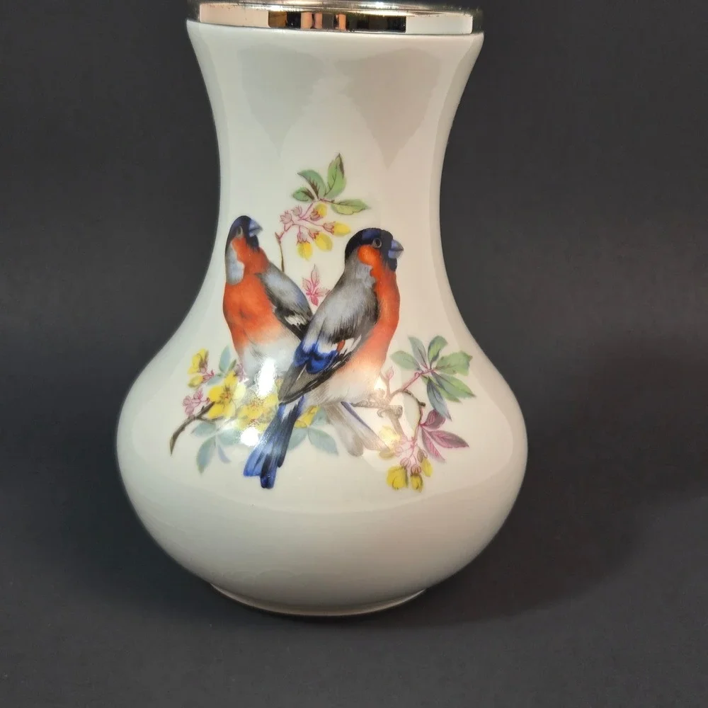 WMF Porzellan Germany Bird Vase Bullfinch Floral White Porcelain Silver Rim 6
